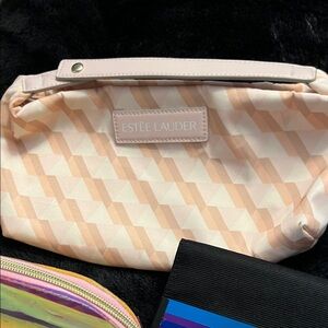 Estee Lauder Cream and Pink Patterned Cosmetic Bag
